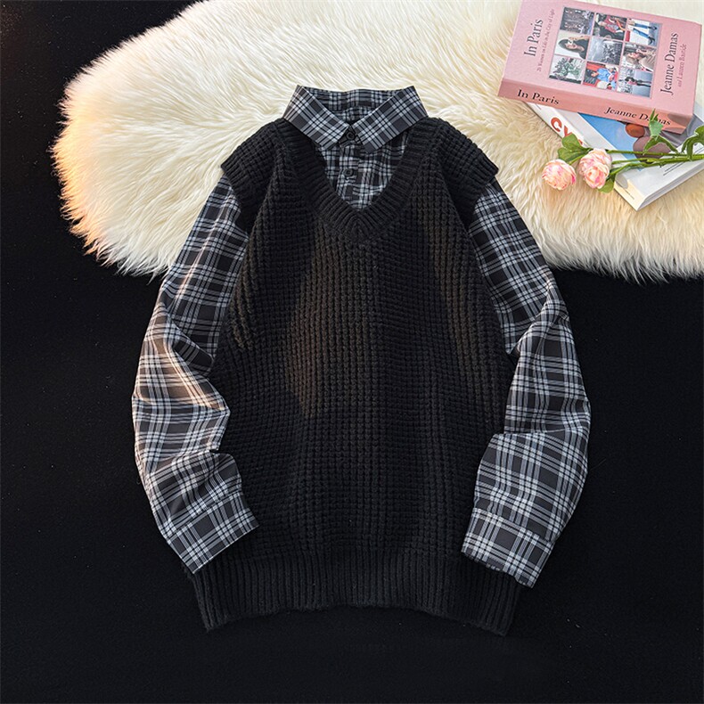 春款男士假两件卫衣衬衫领新款刺绣针织打底衫CS33-P68，男装T恤，电商B278