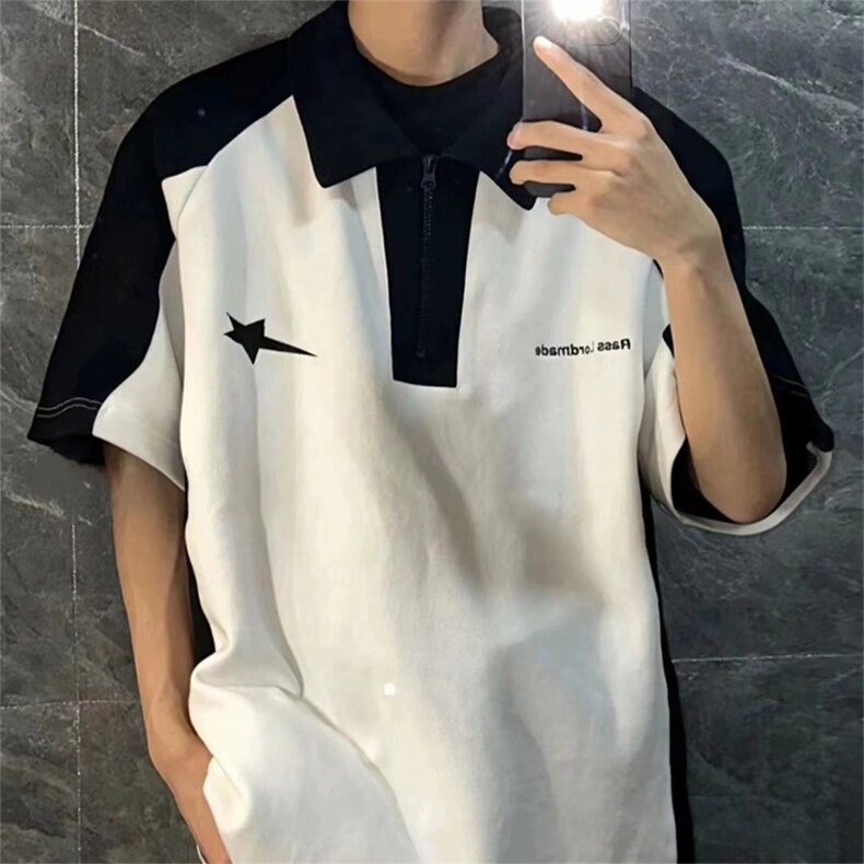 得物抖音240克纯棉印花美式POLO翻领潮中性风短袖T恤AT4401,男装T恤,电商A443