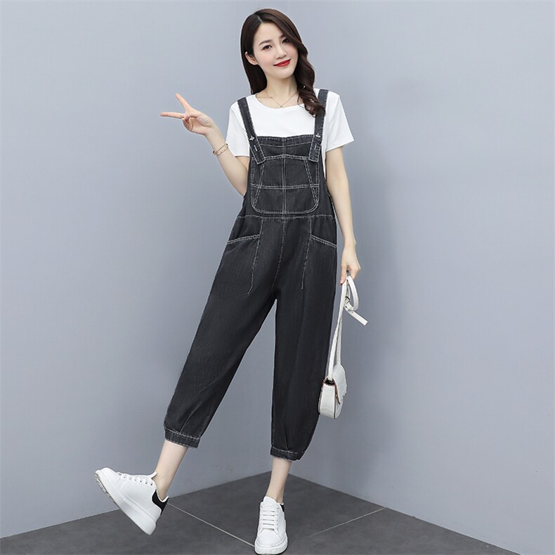 短袖牛仔背带裤套装女2023夏季新款女装韩版时尚休闲两件套套裤潮,女装套装/套裙,慧尚依恋