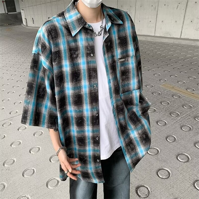 美式夏季格子男短袖衬衫新款复古vintage高级感半袖上衣,男装衬衫,星座410-7