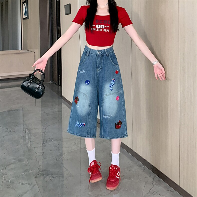 AK2290-P50趣味刺绣牛仔七分裤女夏季新款做旧水洗直筒裤图片