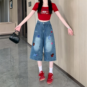 AK2290-P50趣味刺绣牛仔七分裤女夏季新款做旧水洗直筒裤图片