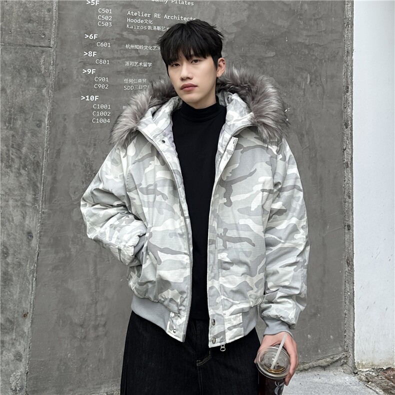 图美式复古毛领迷彩棉衣男款冬季夹棉连帽棉服外套男,男装棉衣,电商C307