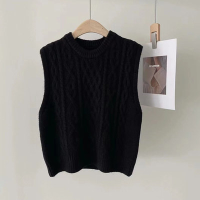 时尚百搭女士秋冬针织马甲柔软保暖绞花菱形设计圆领无袖毛衣背心，女装马甲，洁纯羊绒