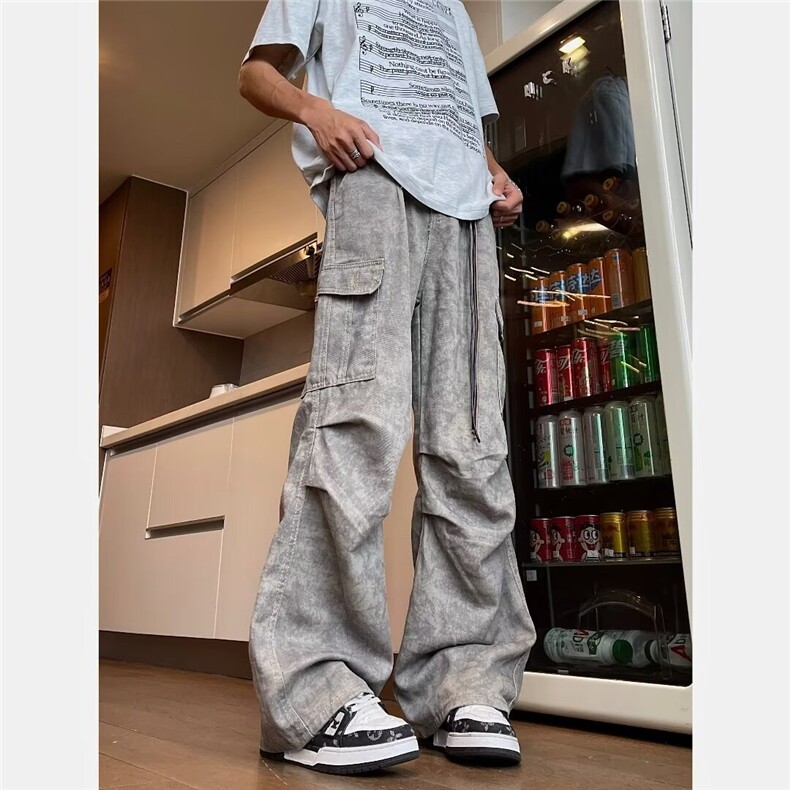 美式复古大理石暗纹口袋直筒阔腿工装裤男宽松伞兵裤休闲裤，男装休闲裤，星座1013
