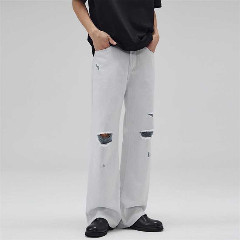 2025春夏老钱蓝纱破洞割烂白色牛仔裤男宽松A字显瘦显高长裤潮，男装牛仔裤，星座301D-3