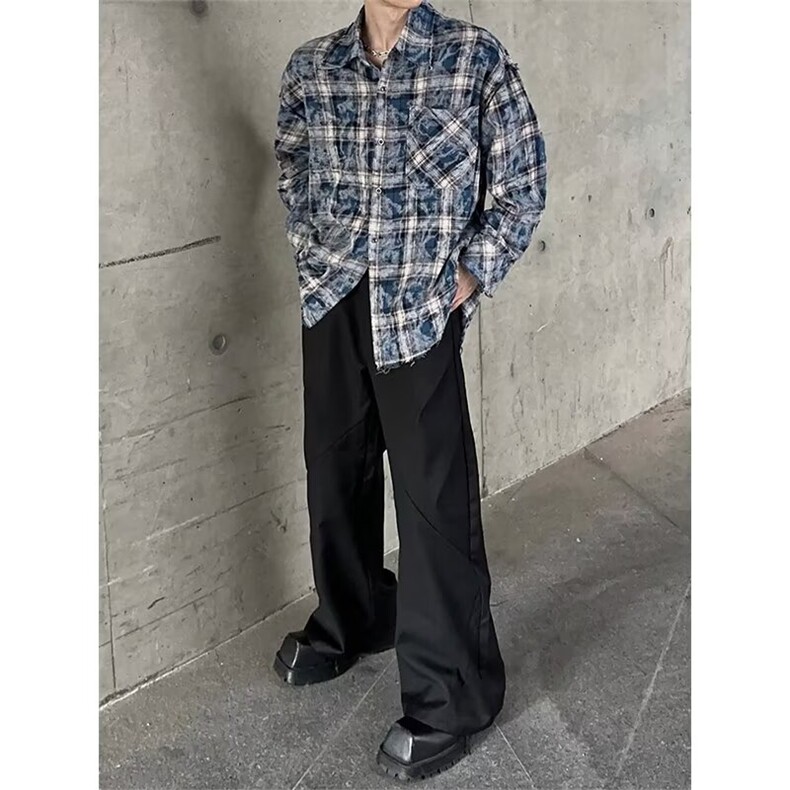 ins文艺秋冬季扎染痞帅格子长袖宽松型衬衫-CS051-网络图,男装衬衫,星座1002-2