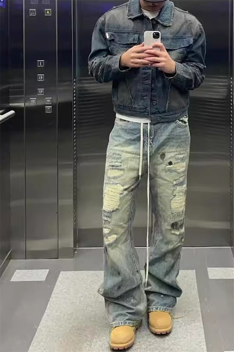 美式机车痞帅风重工水洗牛仔裤贴布泼墨高级感NZ711特P63,男装牛仔裤,星座908-1