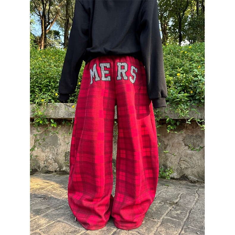 格子裤女秋季红色格纹阔腿裤宽松运动显瘦休闲裤拖地长裤 K5359图片