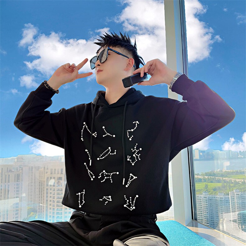 AW215/P88控118秋季社会小伙连帽珍珠韩版设计感打底卫衣男黑首图片