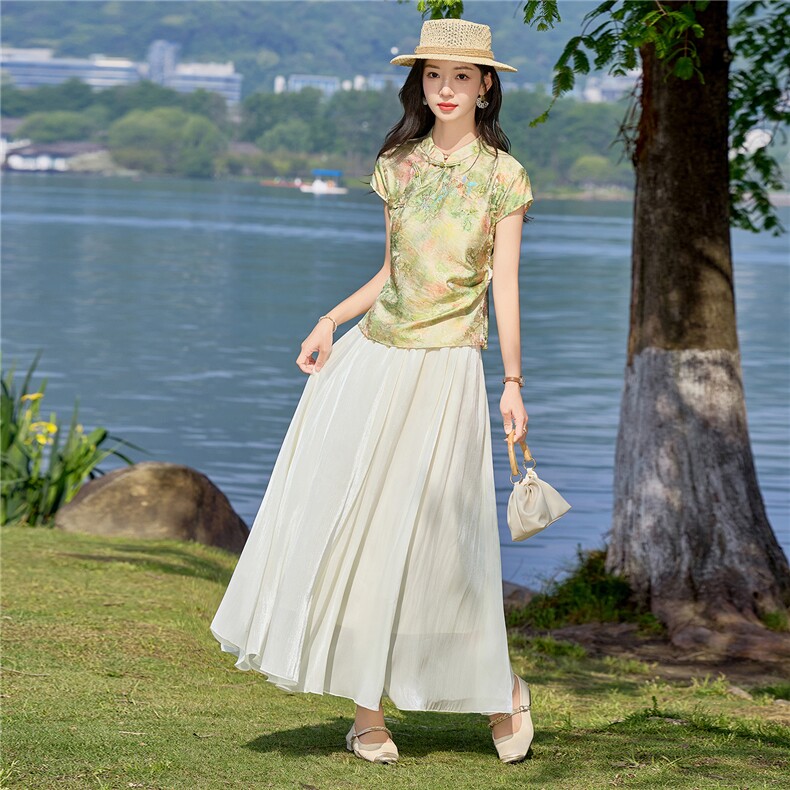 高级感新中式立领短袖女2026夏季新款改良旗袍领收腰套裙,女装套装/套裙,贝蕾酷儿