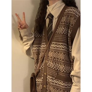 菱格棕色开始毛衣背心男女日系慵懒风小众开衫无袖针织衫SWJ766图片