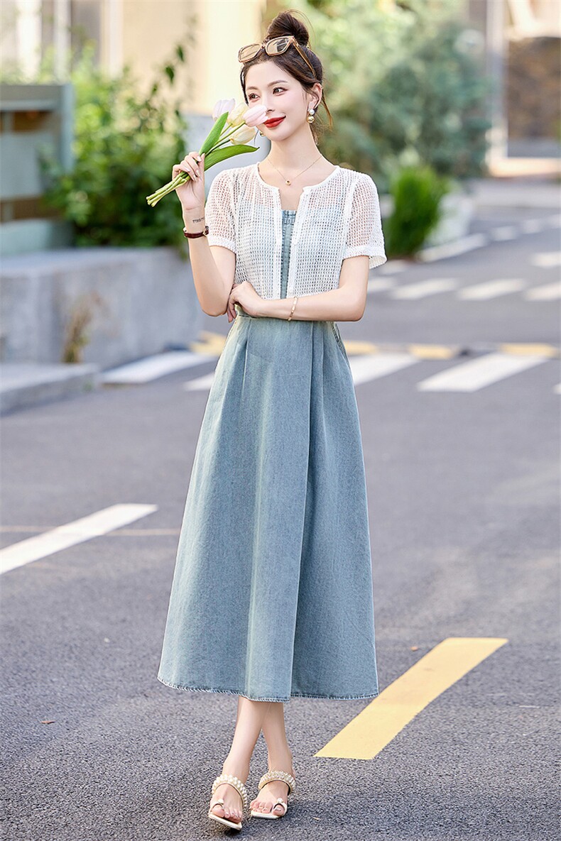 现货2024夏装气质套裙牛仔马甲吊带裙时尚优雅套装,女装套装/套裙,贵人树