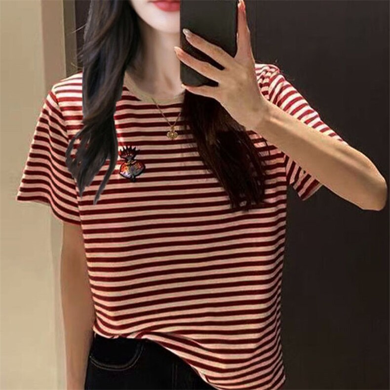 夏季新款时尚气质刺绣条纹短袖女修身显瘦百搭休闲上衣,针织衫/毛衣,萱芳婷羊绒