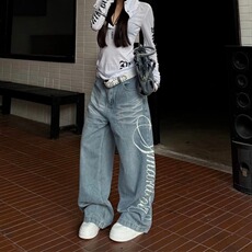 美式复古印花直筒牛仔裤女2025新款春秋高腰宽松裤子女显瘦阔腿裤，男装牛仔裤，星座506A