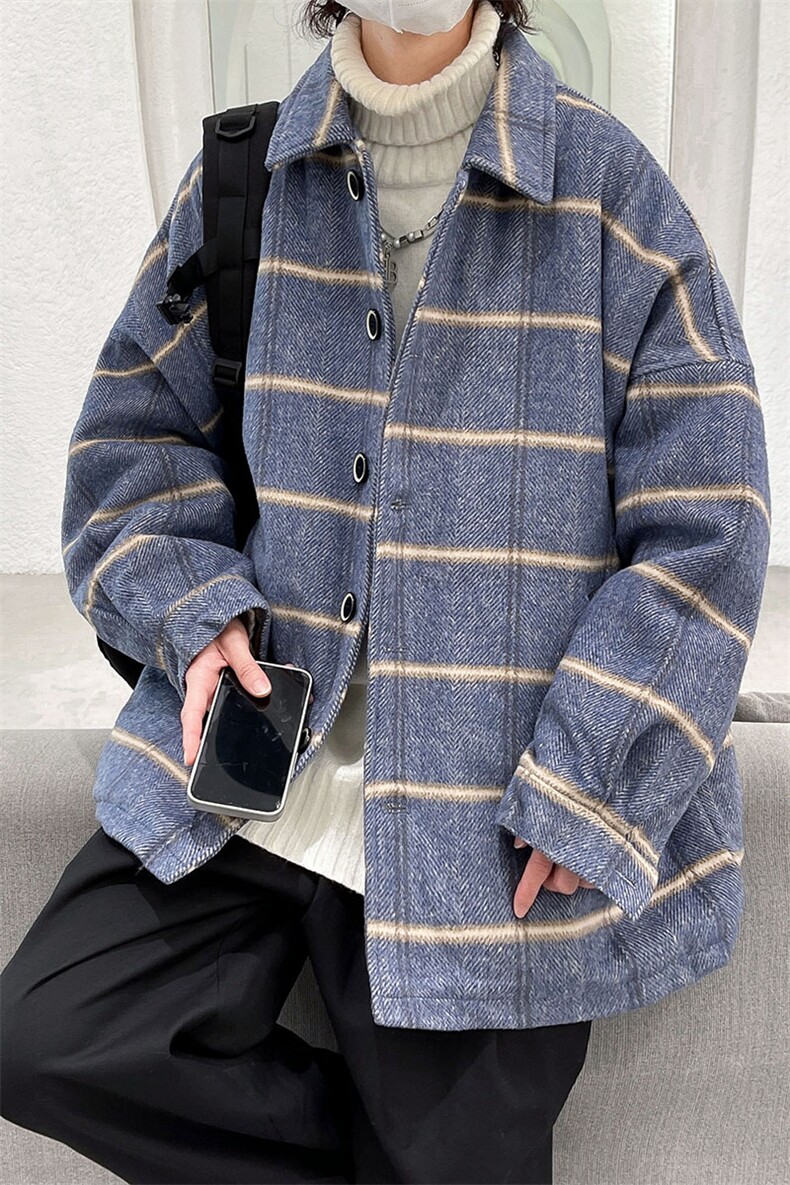 现货呢子外男宽松格子休闲潮流秋季长袖风衣呢料上衣毛呢A509P95,男装风衣,电商A351