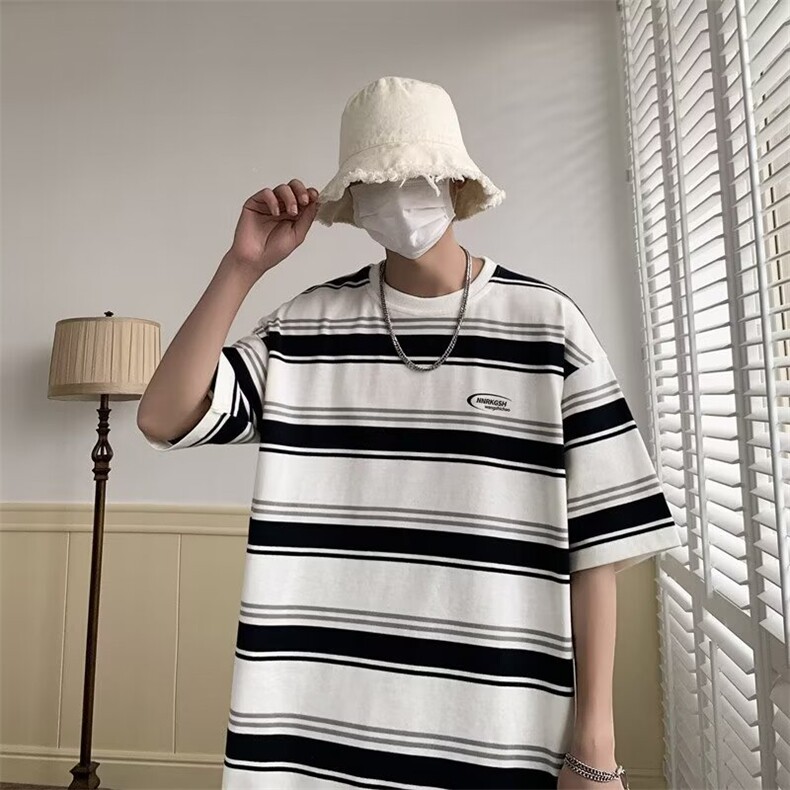 夏季纯棉高质量短袖条纹T恤宽松舒适T47p35,男装T恤,星座1013