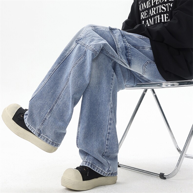【现货】秋季新款美式复古工装口袋拼接宽松阔腿裤牛仔男816-P50,男装牛仔裤,星座1006