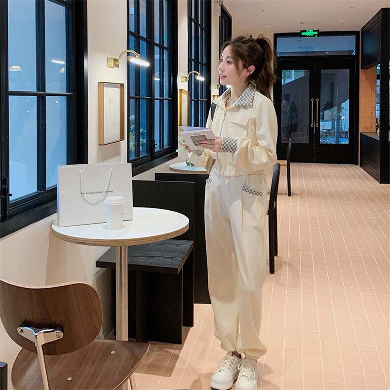 学院风棋盘格撞色休闲运动套装女春秋2025新款时尚炸街卫衣两件套,女装套装/套裙,2C187