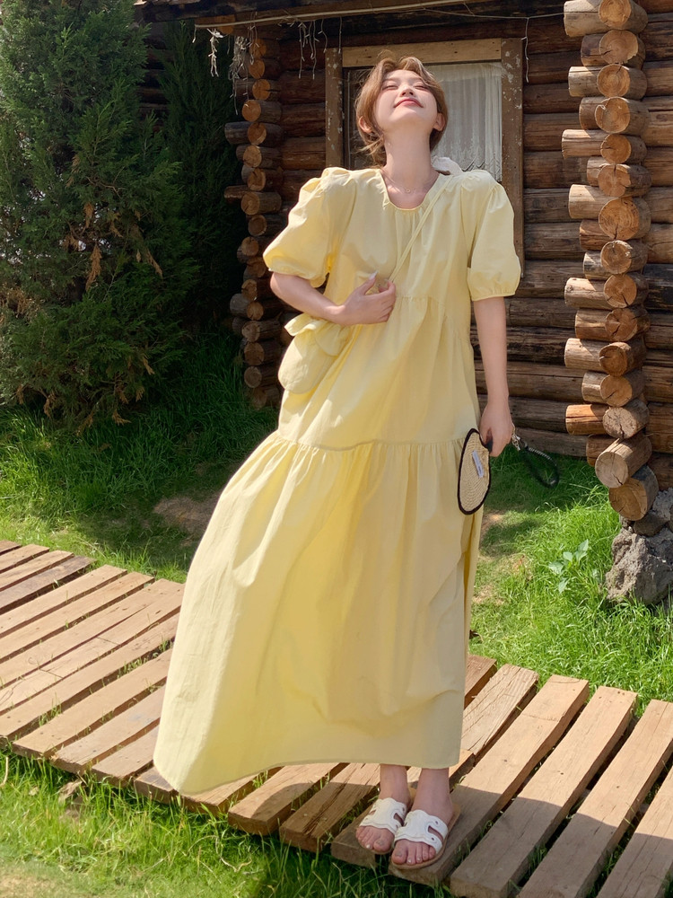 2025夏季俏皮泡泡袖设计感连衣裙女法式甜美松弛小个子百搭长裙子,女装连衣裙,蝶眷