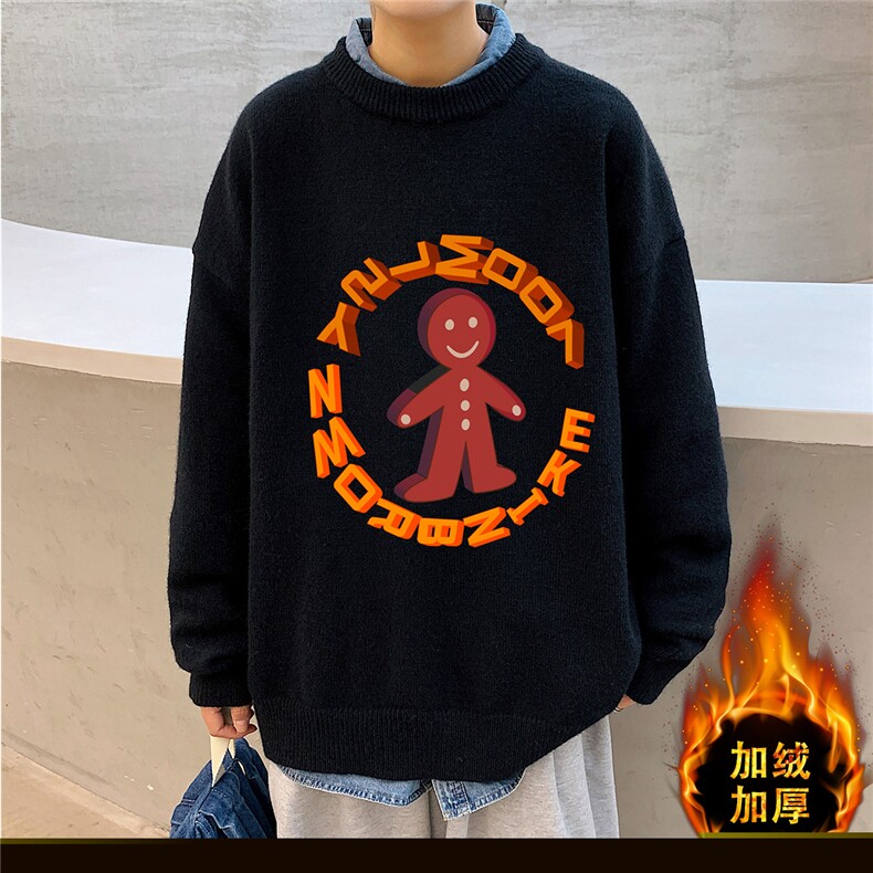 1港风日系宽松休闲情侣套头印花加厚毛衣男外套7693P48加绒P55图片