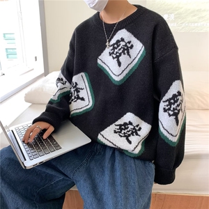 毛衣男秋冬季翻领针织衫美式潮流宽松慵懒风外套图片