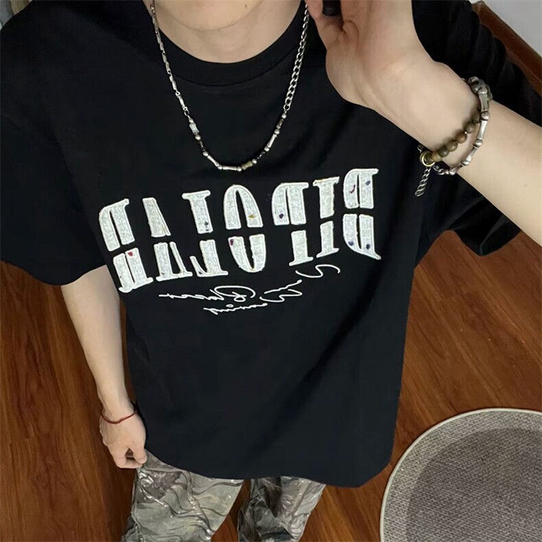 万针全刺绣工艺抖音得物高品质260克重磅纯棉双纱美式高街短袖T恤,男装T恤,电商A486