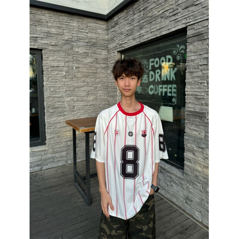 美式复古条纹拼色运动球衣T恤潮牌宽松情侣休闲短袖体恤衫TX216,男装T恤,星座516A