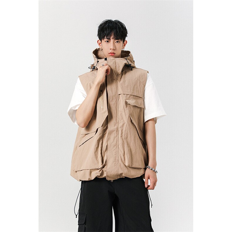 8XL-M钓鱼老外套街头机能口袋连帽防水无袖马甲坎肩JK1316P78,男装夹克,电商D206-1