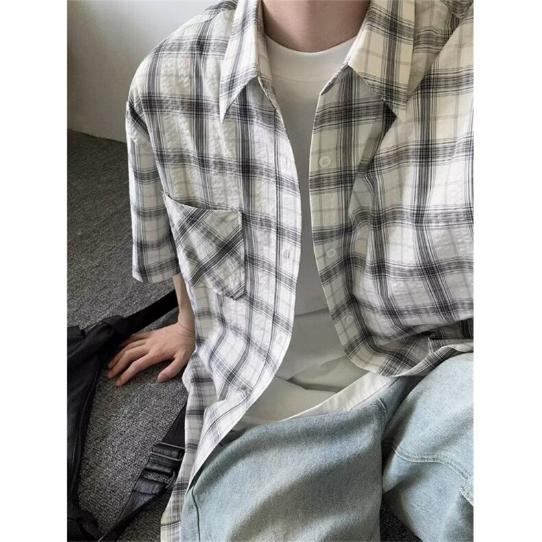 新款格子衬衫短袖男夏季学院风宽松衬衣休闲百搭外套潮LC2199-p37图片