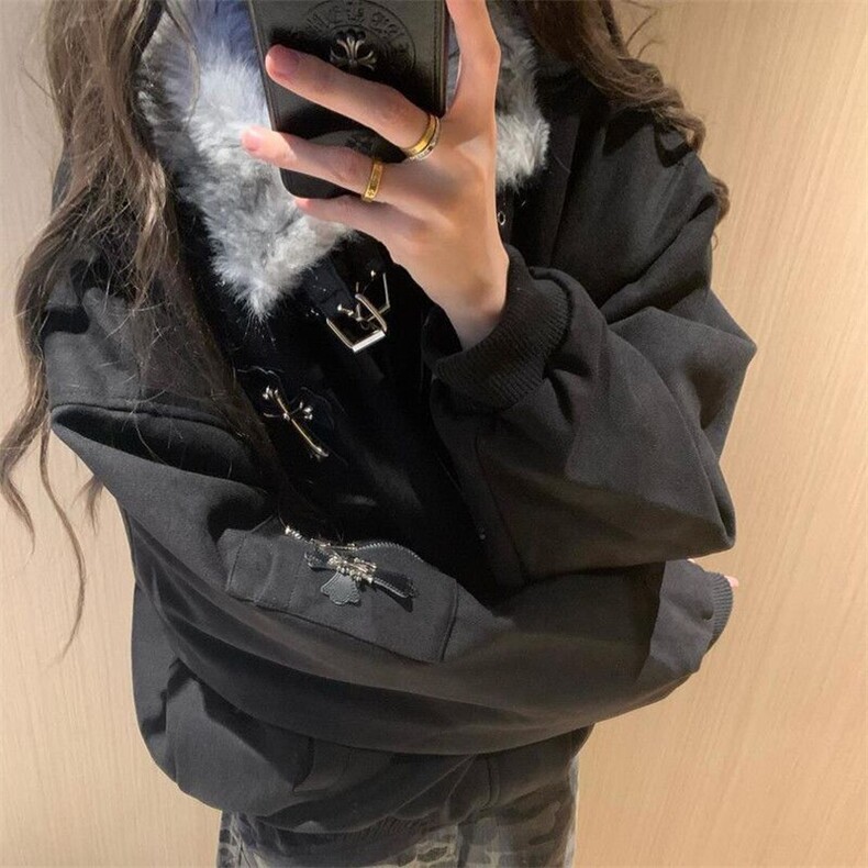 美式复古毛领十字架连帽棉服外套秋冬夹棉中性风男女M07862-P103图片