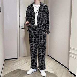 阔版宽松休闲西装套装个性花西服两件套TZ04/P100特图片