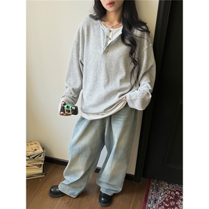 P10-P51 美式复古假两件慵懒长袖t恤男女图片