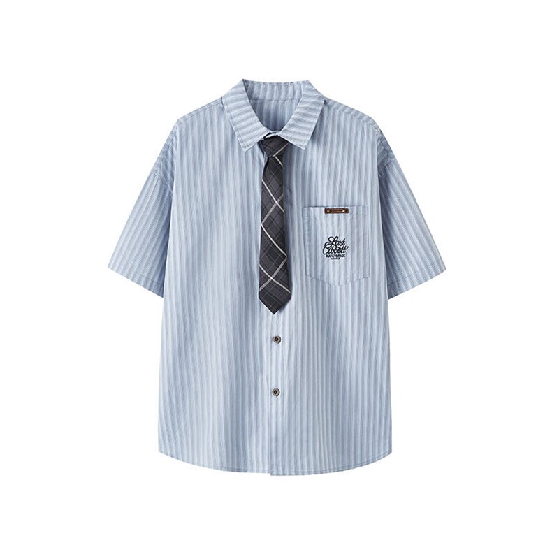 wassuphappy短袖衬衫男夏季潮牌学院风宽松翻领衬衣条纹休闲外套,男装T恤,电商A059