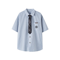 wassuphappy短袖衬衫男夏季潮牌学院风宽松翻领衬衣条纹休闲外套，男装T恤，电商A059
