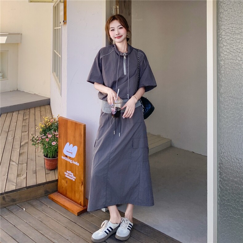 通勤休闲风工装淡人套装裙女2025年夏季拉链抽绳上衣半身裙两件套,女装套装/套裙,2C232