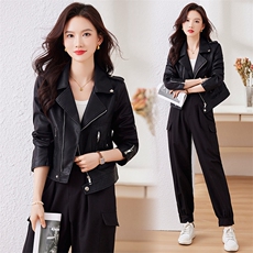 西装领皮衣外套女2023年春季新款韩版短款百搭机车服流行皮夹克，女装皮衣，江南女神
