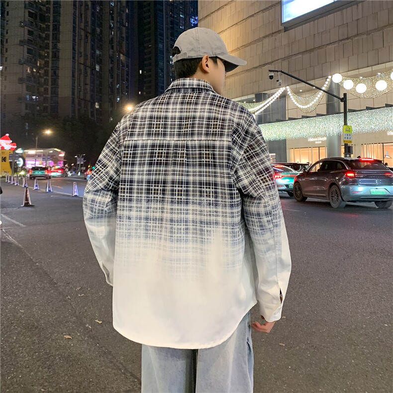 春季新款渐变晕染流动感格纹衬衫C0559-P58,男装衬衫,星座308B-2