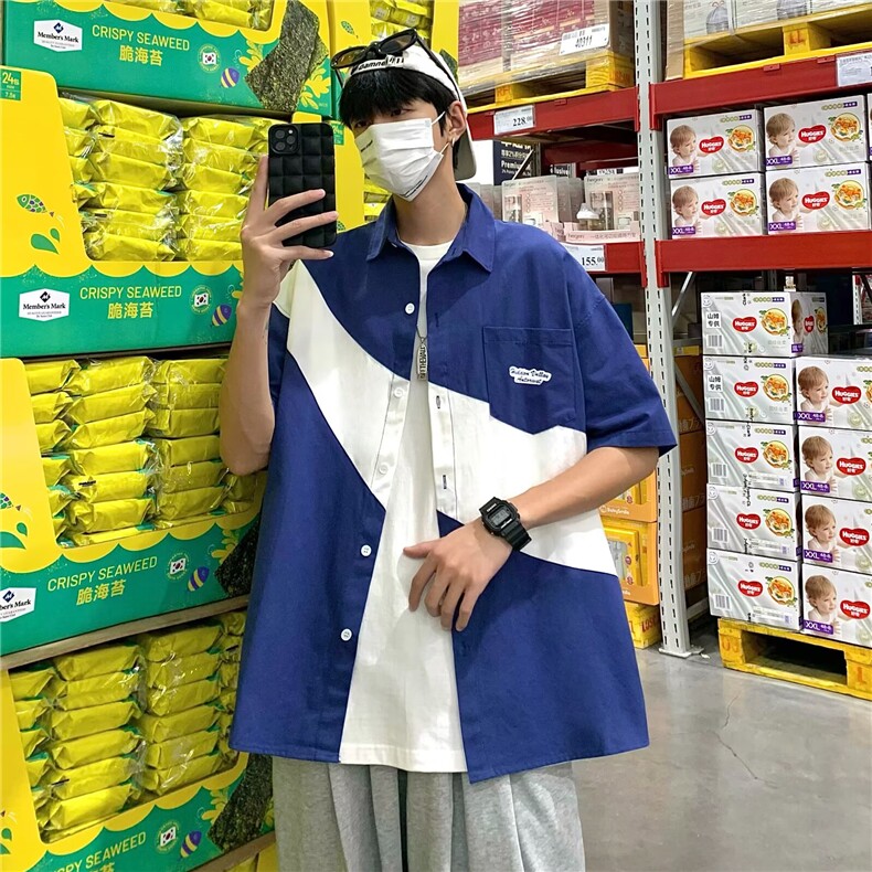 简约拼色短袖衬衫男生夏季宽松休闲潮流拼接半袖上衣CS4028,男装T恤,星座516A