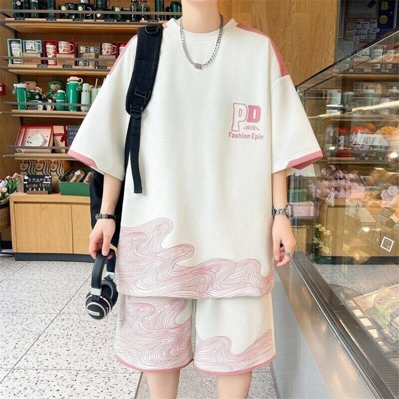 TZ24356-特P50男士字母印花运动休闲套装夏季圆领短袖T恤港风短裤图片