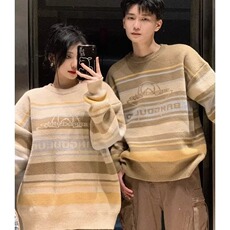 806-P45港风复古潮牌条纹毛衣男秋冬宽松休闲慵懒风美式圆领，男装针织衫/毛衣，电商B323A