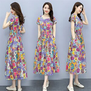 棉麻连衣裙女夏季2025新款韩版女装文艺碎花宽松收腰显瘦印花裙子图片