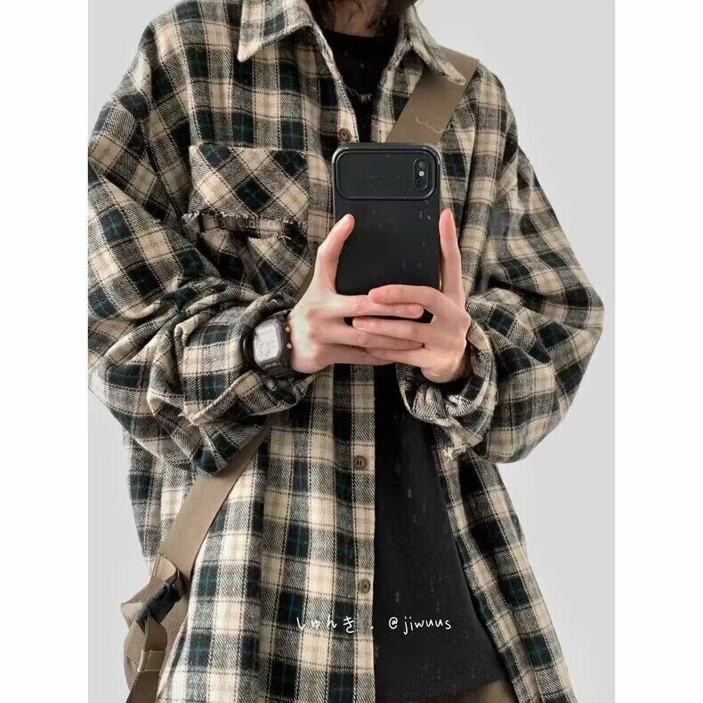 新款日系宽松格子衬衫男女生学院风毛边工装长袖外套潮LC322-P42,男装衬衫,星座1008