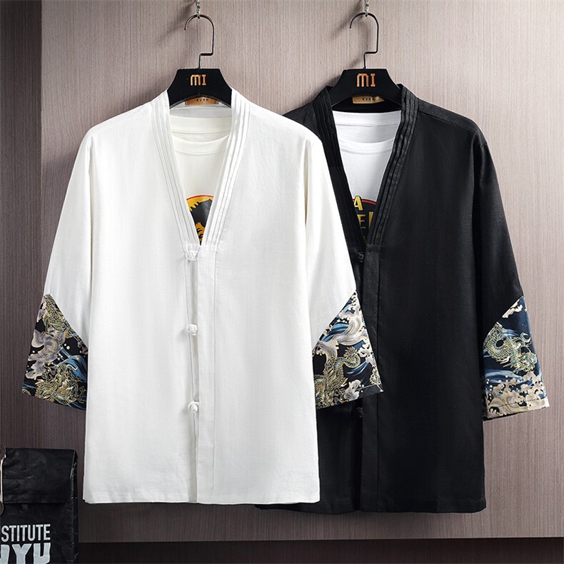 风七分袖T恤盘扣男装亚麻拼接开衫复古夏季A266-1-T159-P40，男装T恤，电商A266-1