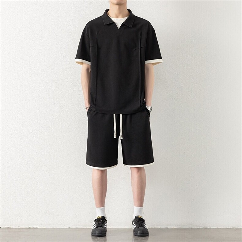 纯色二开TZ25318-特P60短袖T恤短裤青少年休闲运动套装POLO衫,男装Polo衫,电商D310B