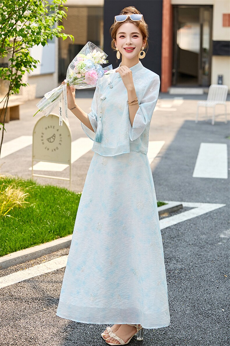 新中式国风刺绣套装裙女2025夏新款复古盘扣改良旗袍半身裙两件套,女装套装/套裙,英标秀（1C119）