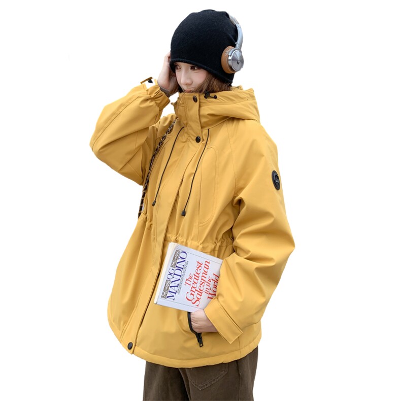 黄色连帽工装加绒冲锋女冬外套2025高级感冲锋衣小个子短款派克服,女装派克服,2C218