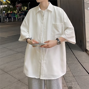 基础款开衫纽扣白衬衫短袖男女款时尚五分袖翻领衬衣 C430图片