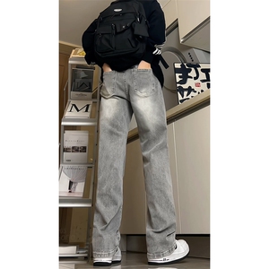 B221美式高街水泥灰弹力直筒牛仔裤LK24146-P60控79 加绒P70控99图片