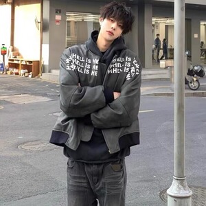 BOYUE帛跃潮扎染棒球服夹克高街字母印花机车皮衣情侣外套男女图片